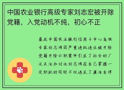 中国农业银行高级专家刘志宏被开除党籍，入党动机不纯，初心不正