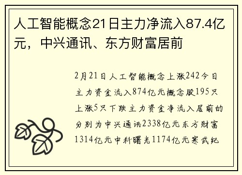 人工智能概念21日主力净流入87.4亿元，中兴通讯、东方财富居前