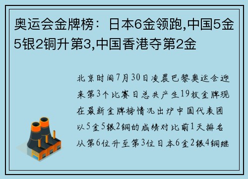 奥运会金牌榜：日本6金领跑,中国5金5银2铜升第3,中国香港夺第2金