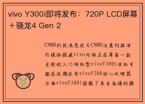 vivo Y300i即将发布：720P LCD屏幕＋骁龙4 Gen 2