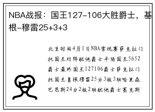 NBA战报：国王127-106大胜爵士，基根-穆雷25+3+3