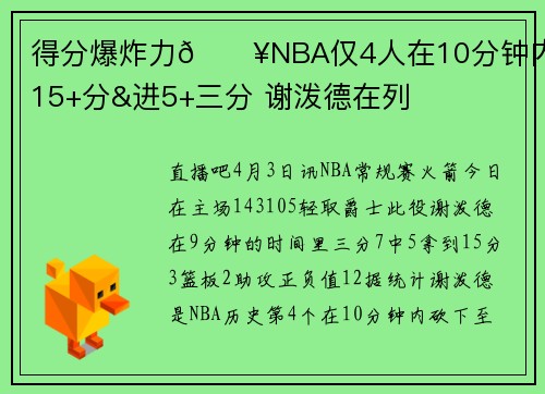 得分爆炸力💥NBA仅4人在10分钟内砍15+分&进5+三分 谢泼德在列