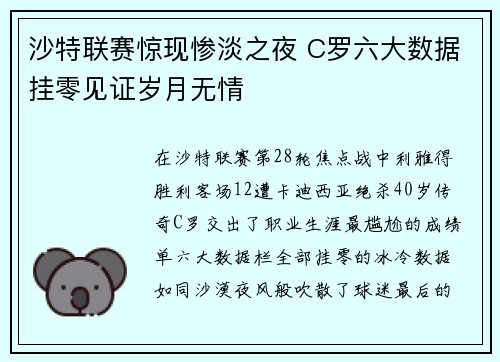 沙特联赛惊现惨淡之夜 C罗六大数据挂零见证岁月无情